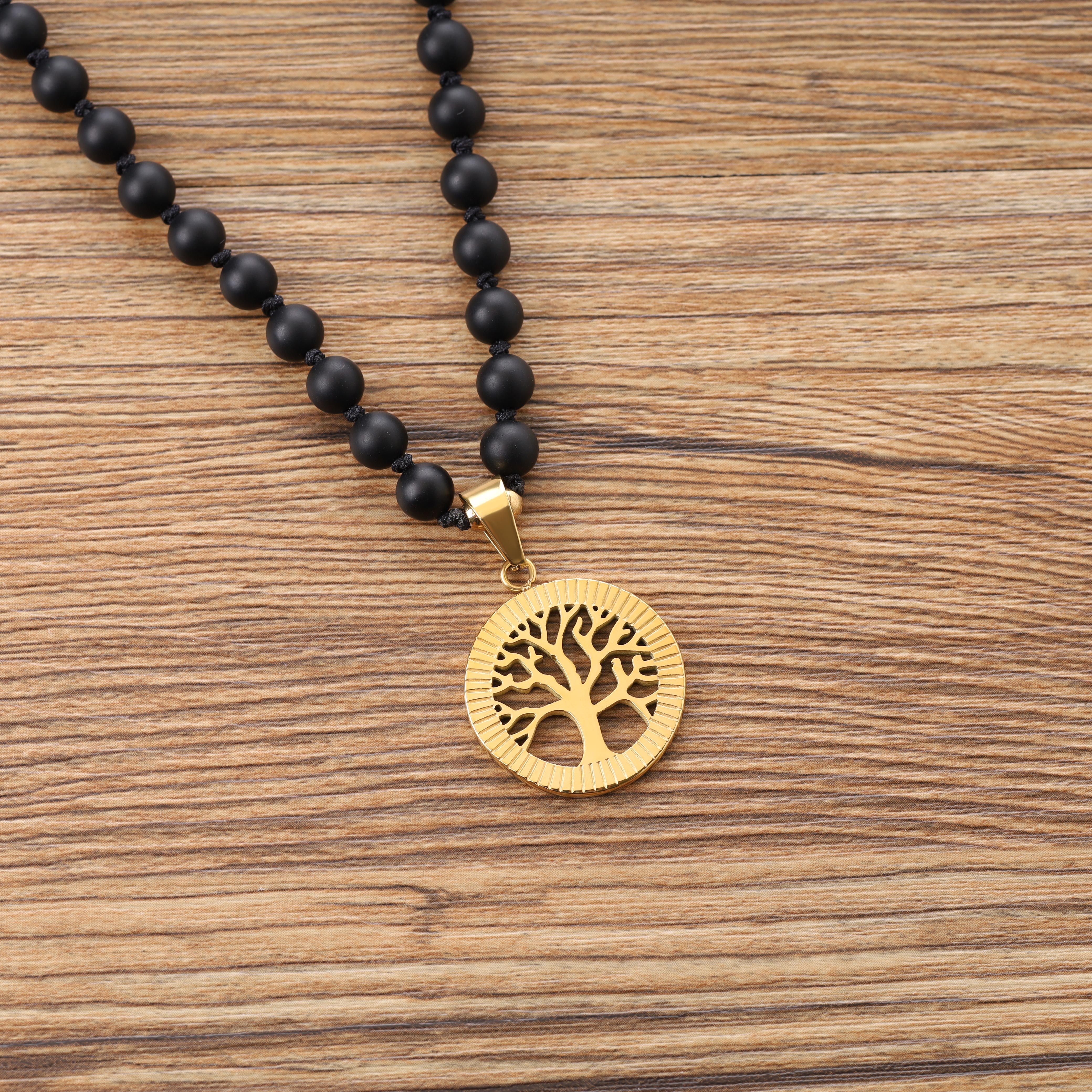 送料無料HPQQ 天然翡翠/オニキス/琥珀色の生命の樹ネックレス スターリングシルバー ファミリーツリージュエリー 誕生日 記念日 クリスマスギフト  女性 並行輸入 COAI-108玉-マットオニキス-生命の樹-編み結び-パワーストーン数珠, image size:4160x4160