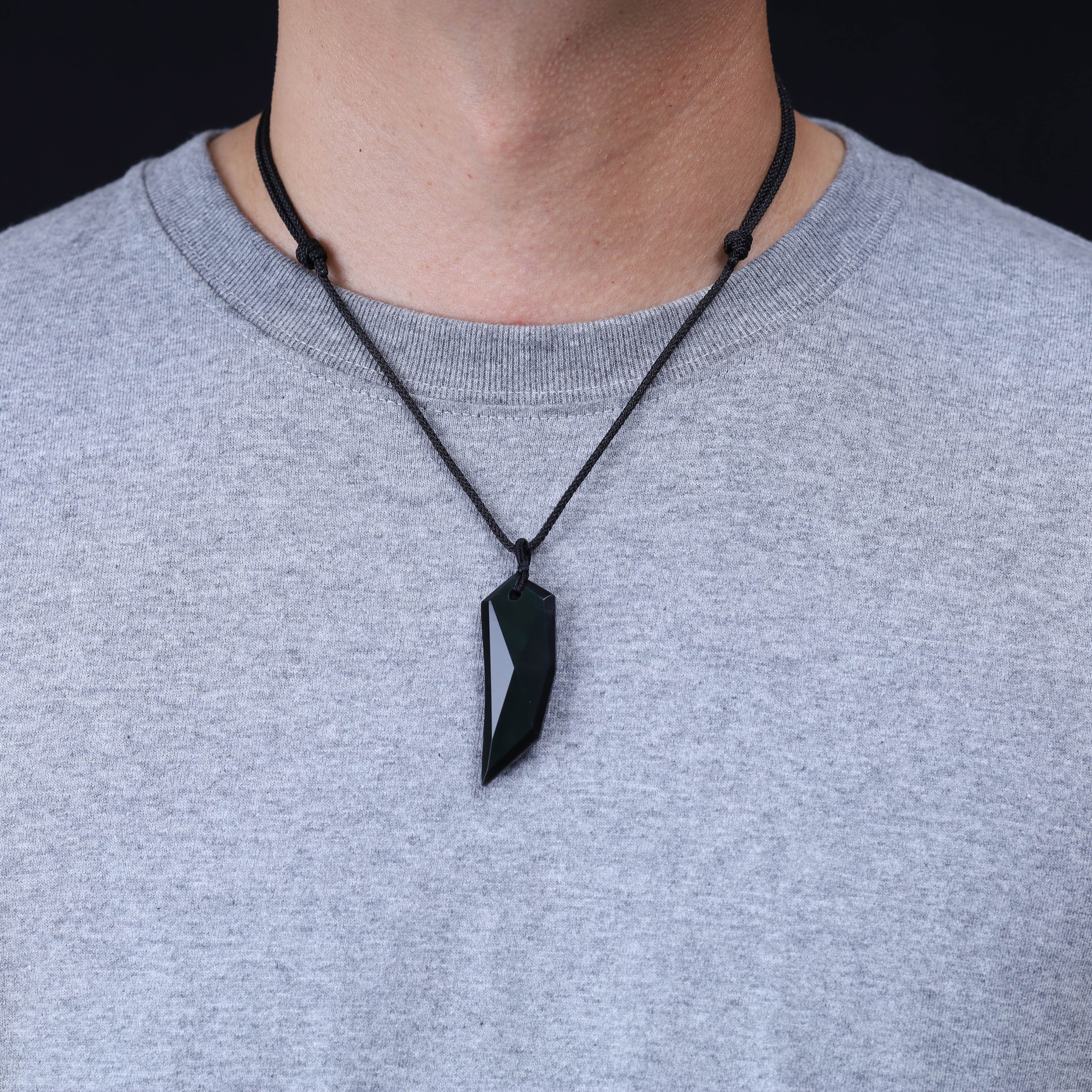 COAI Surferkette Mit Wolfszahn-Anhänger – Schwarzer Obsidian, Lederkordel