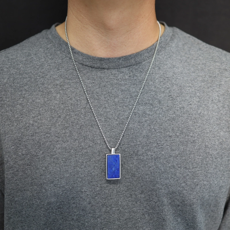 COAI Geschenkideen Herren Halskette aus Lapislazuli Edelstahl Kette Rechteck Anhanger Amulett Talisman Kette