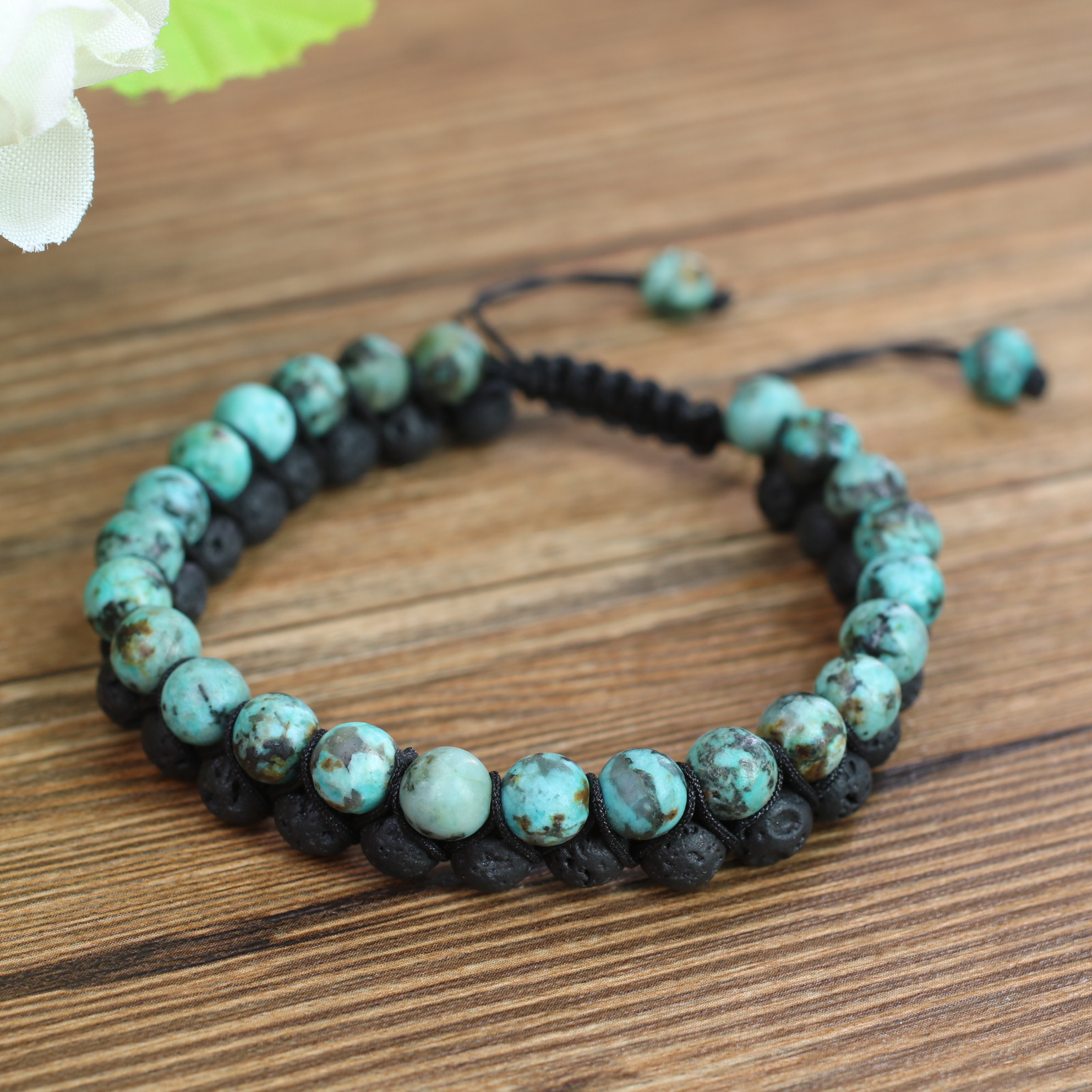 Bracciale In Pietre Naturali Doppio Strato - Regolabile, Unisex, Con Perle Di Lava E Turchese! - Foto 9