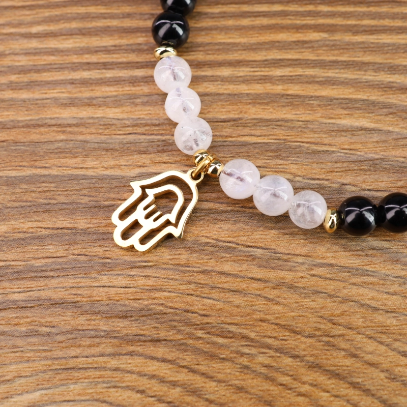 Bracciale Elasticizzato In Pietre Naturali 6mm - Quarzo Rosa E Labradorite Con Amuleto Sole Luna, Gioiello Donna COAI, Circ. 16,5cm