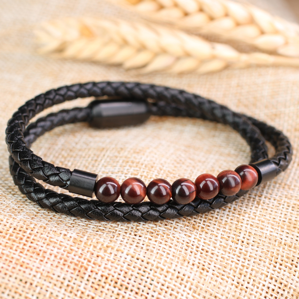 Bracciale Uomo In Pelle Con Occhio Di Tigre - Chiusura Magnetica, Regalo Elegante