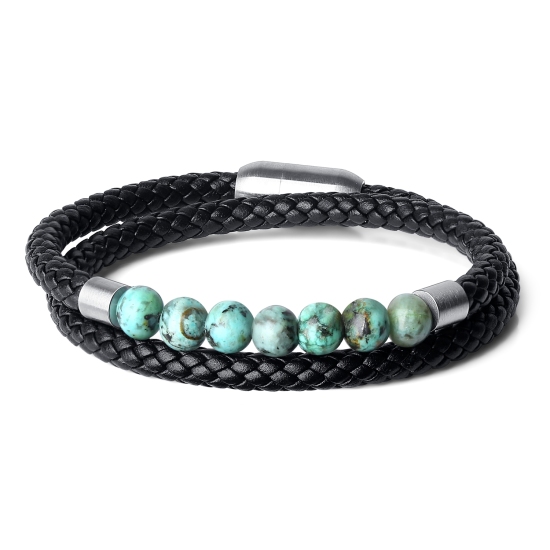 COAI Bracciale da Uomo in Pelle con Perle in Malachite, Bracciale con Chiusura Magnetica