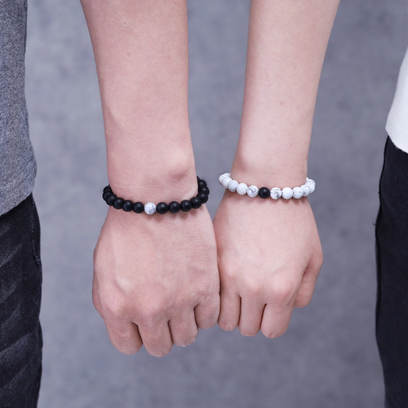 Bracciali Coppia King & Queen In Pietre Naturali | Confezione Da 2 | Onice Nero E Howlite Bianco 8mm | Regalo Di Coppia
