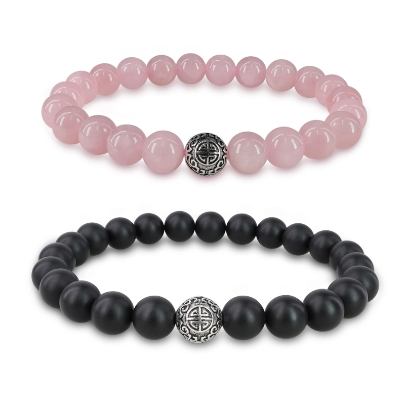Bracelet Perles Quartz Rose, Chrysocolle Et Onyx Noir – 8 Mm, Fait Main En France, Neuf Avec étiquettes