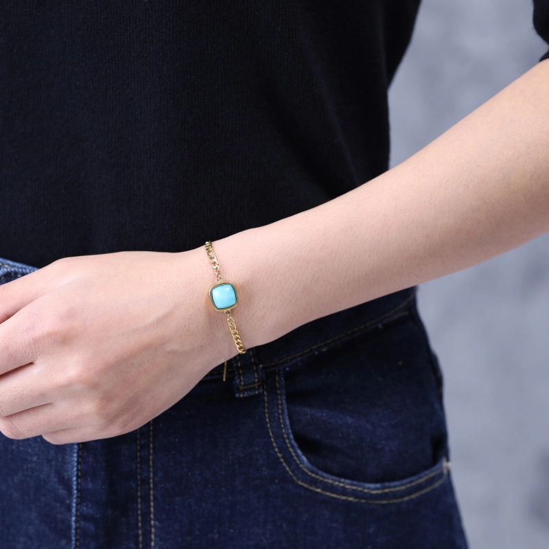 Bracelet Chaîne Plaqué Or 18 Carats Avec Pendentif Carré En Amazonite - Marque Tata Gisèle - Neuf Avec étiquettes