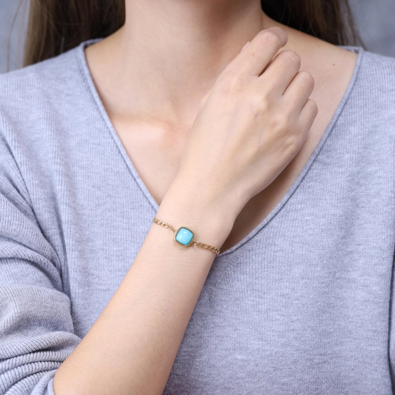 Bracelet Chaîne En Plaqué Or 18 Carats Avec Pendentif Carré En Amazonite - Neuf étiqueté