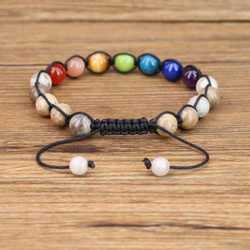 Coai 7 Chakra Braided Silver Leaf Jasper Bracelet