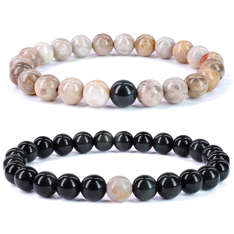 Coai Silver Leaf Jasper And Obsidian Long Distance Relationship Couples Bracelets