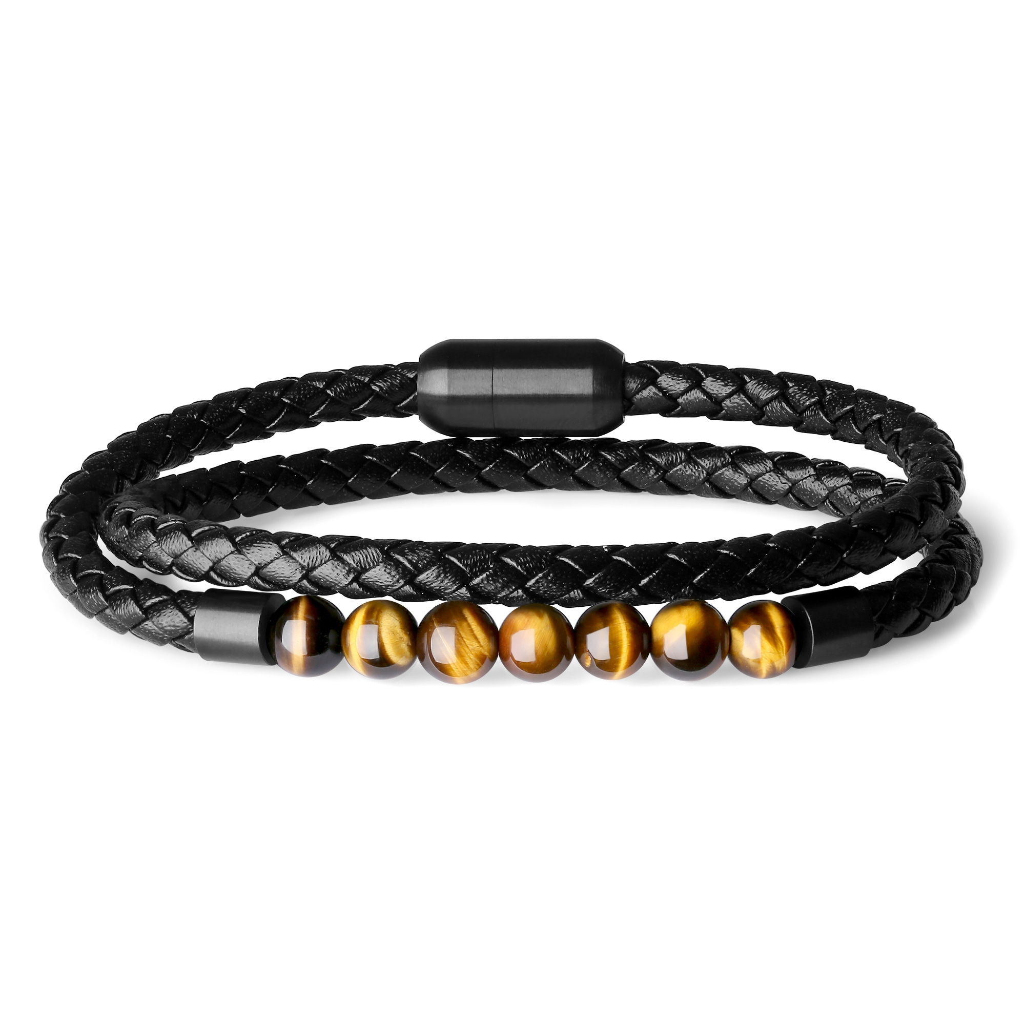 Black Onyx Leather Wristband Men Bracelet. Tiger's Eye Wood 1B-329 Turquoise 