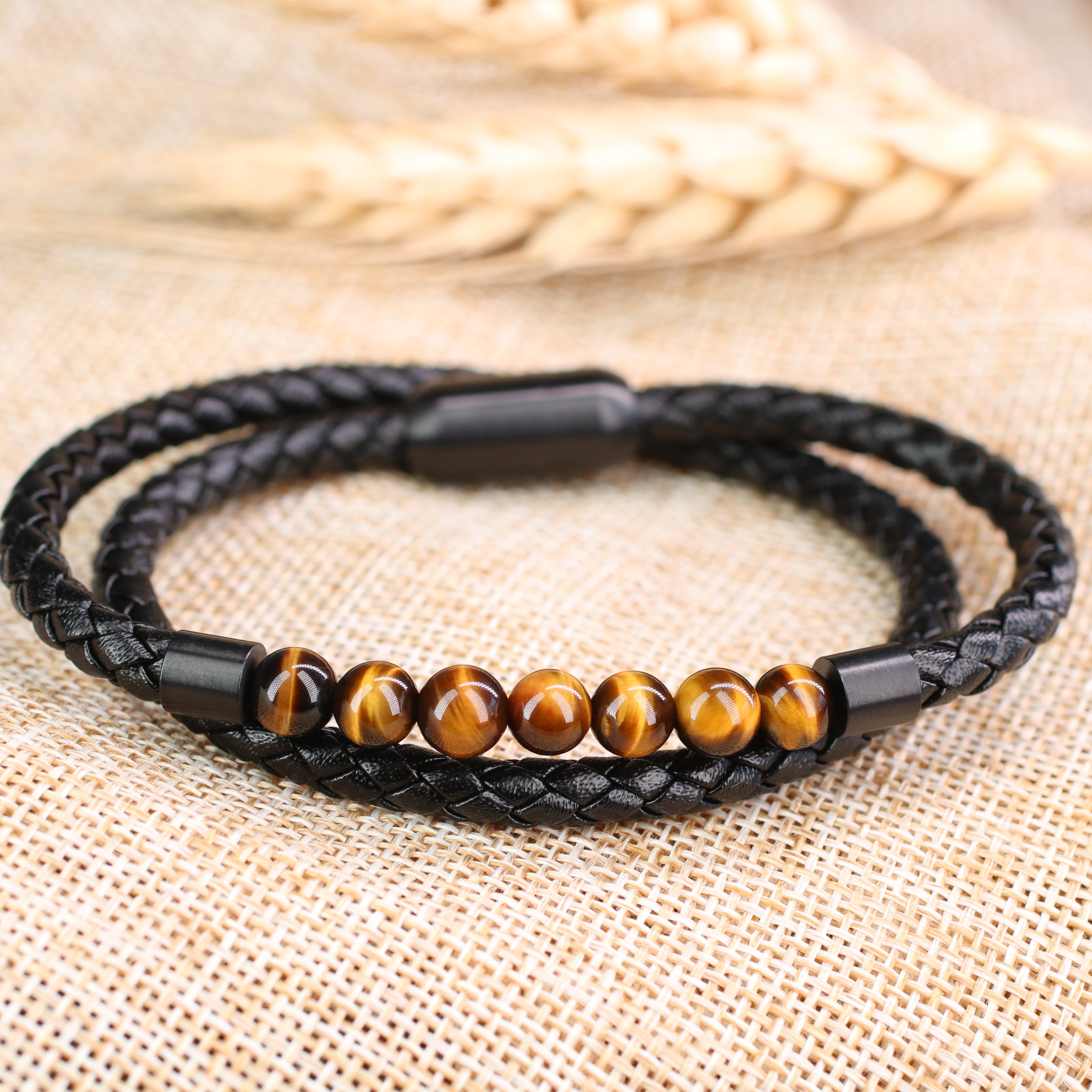 COAI-Mens-Brown-Tiger-Eye-Stone-Double-Layer-Beaded-Leather-Bracelet