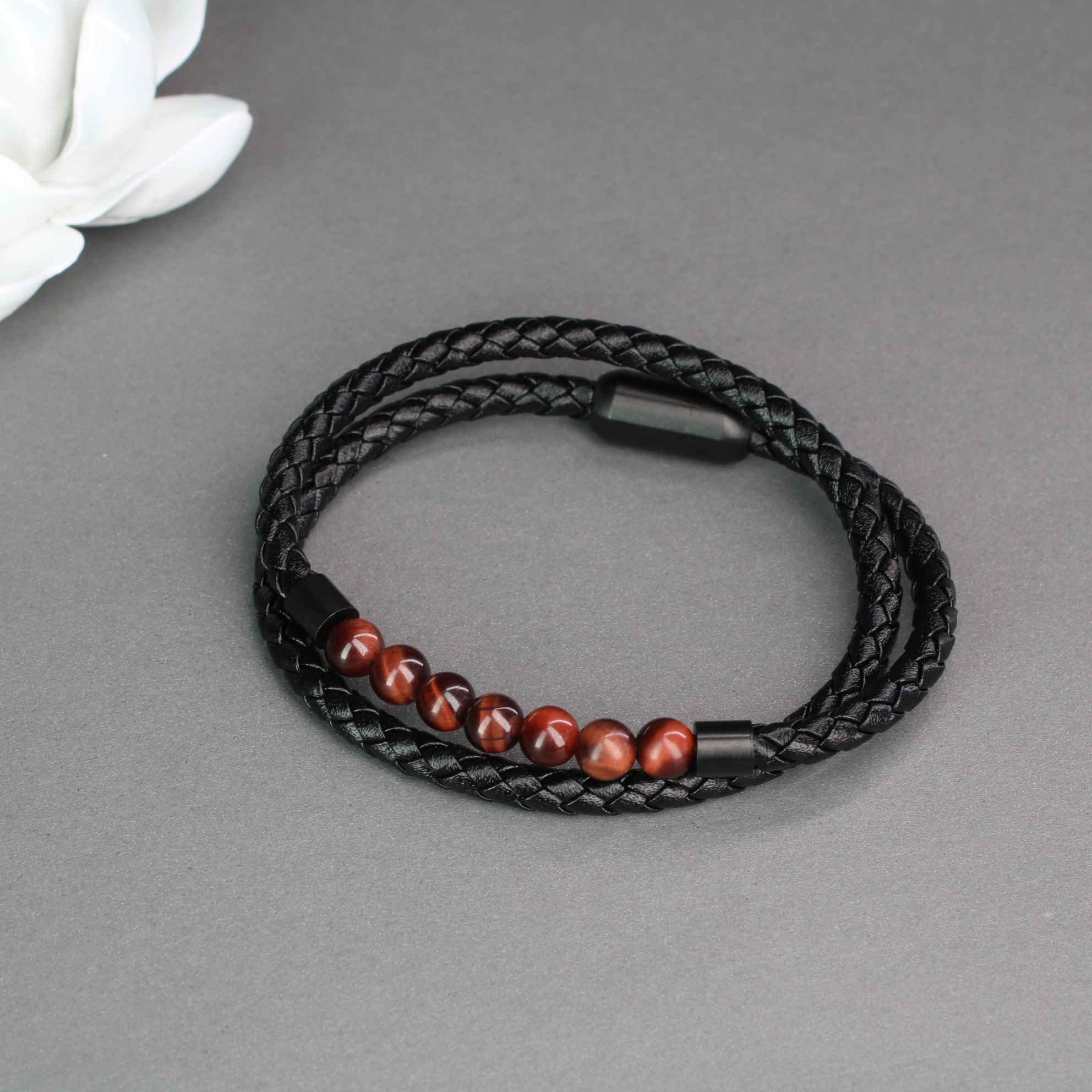 COAI-Mens-Red-Tiger-Eye-Stone-Double-Layer-Beaded-Leather-Bracelet