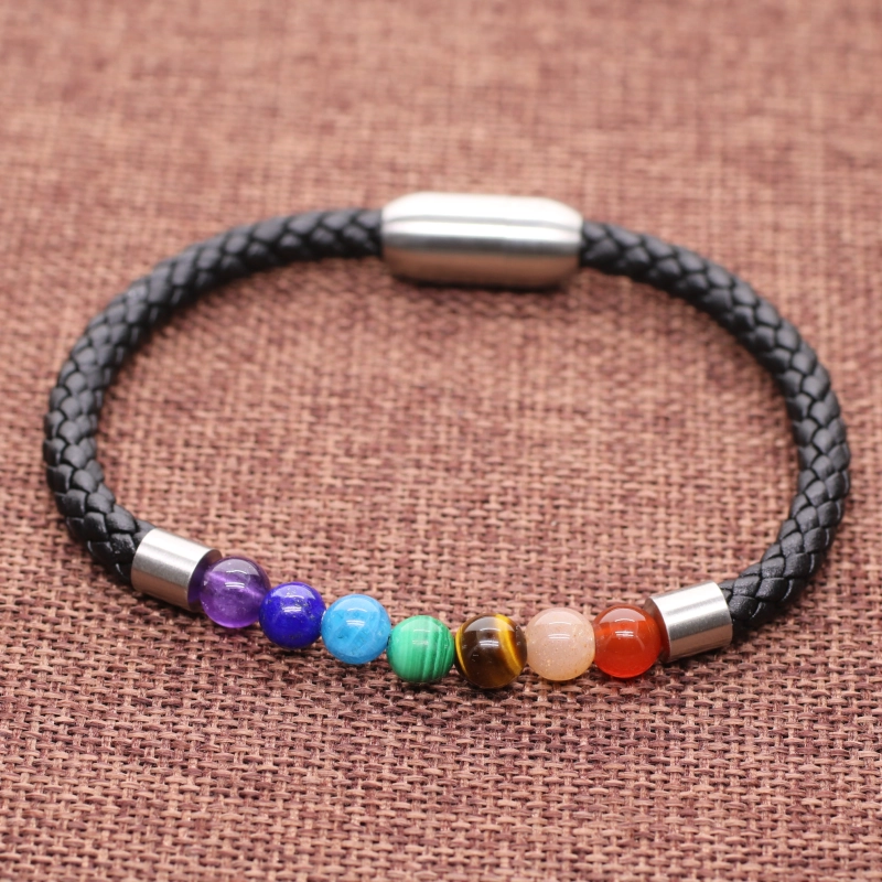 COAI Magnetic Clasp Womens 7 Chakra Stone Beaded Leather Bracelet
