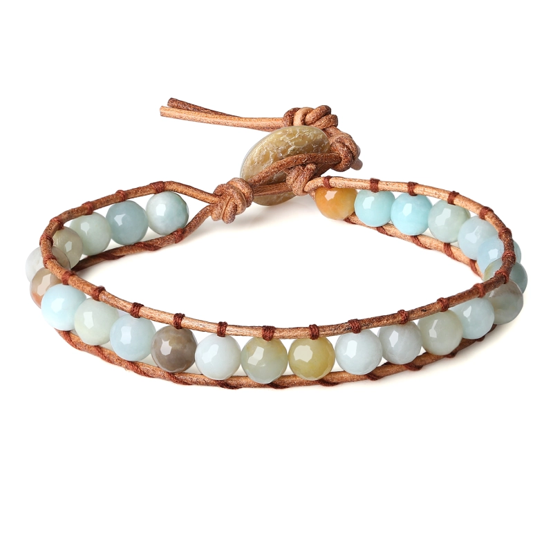 COAI-Genuine-Stones-Amazonite-Beaded-Leather-Bracelet-for-Yoga-Meditation