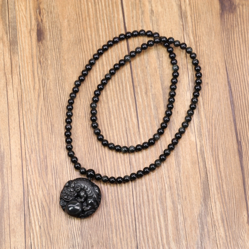 Pendentif Pixiu En Obsidienne Noire Translucide - Animal Légendaire, Pierre Naturelle Sculptée