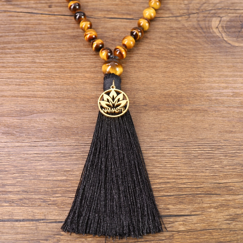 Collier Mala Homme En Perles Bois Brun Foncé 9mm - Pendentif Yin Yang Bronze - Neuf Sans Boîte