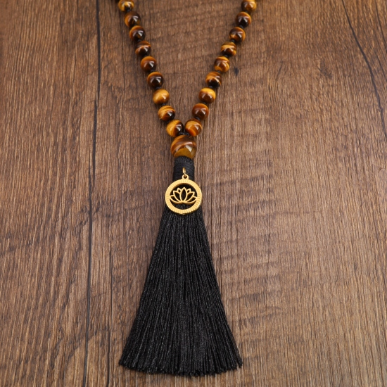Collier Sautoir Long 90cm œil De Tigre Avec Pendentif Lotus - Bracelet Mala Inclus - Neuf Fait Main