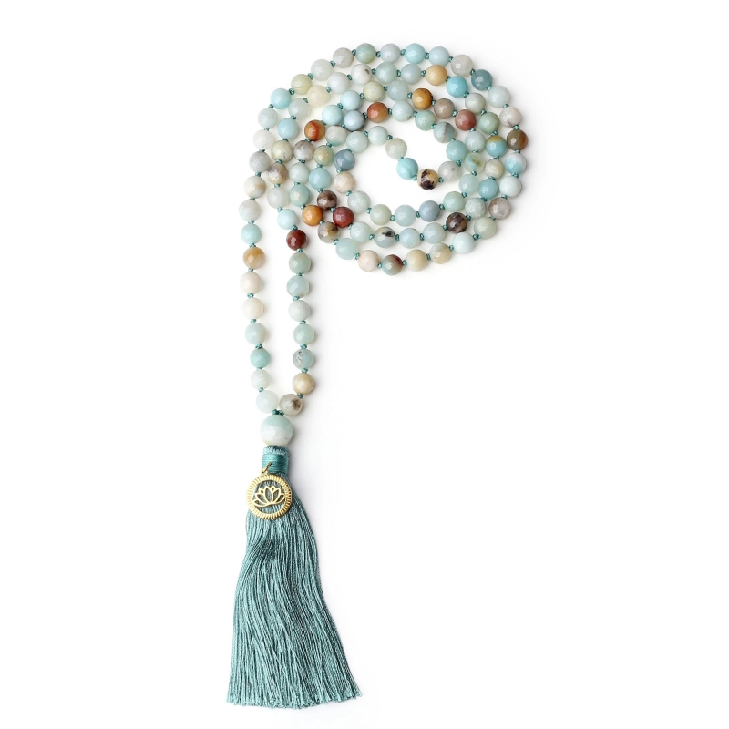 COAI Bracciale Mala 108 Grani di Amazzonite Sfaccettata con Charm OM in Acciaio Inox Dorato, Collana Rosario Unisex in Pietre Naturali
