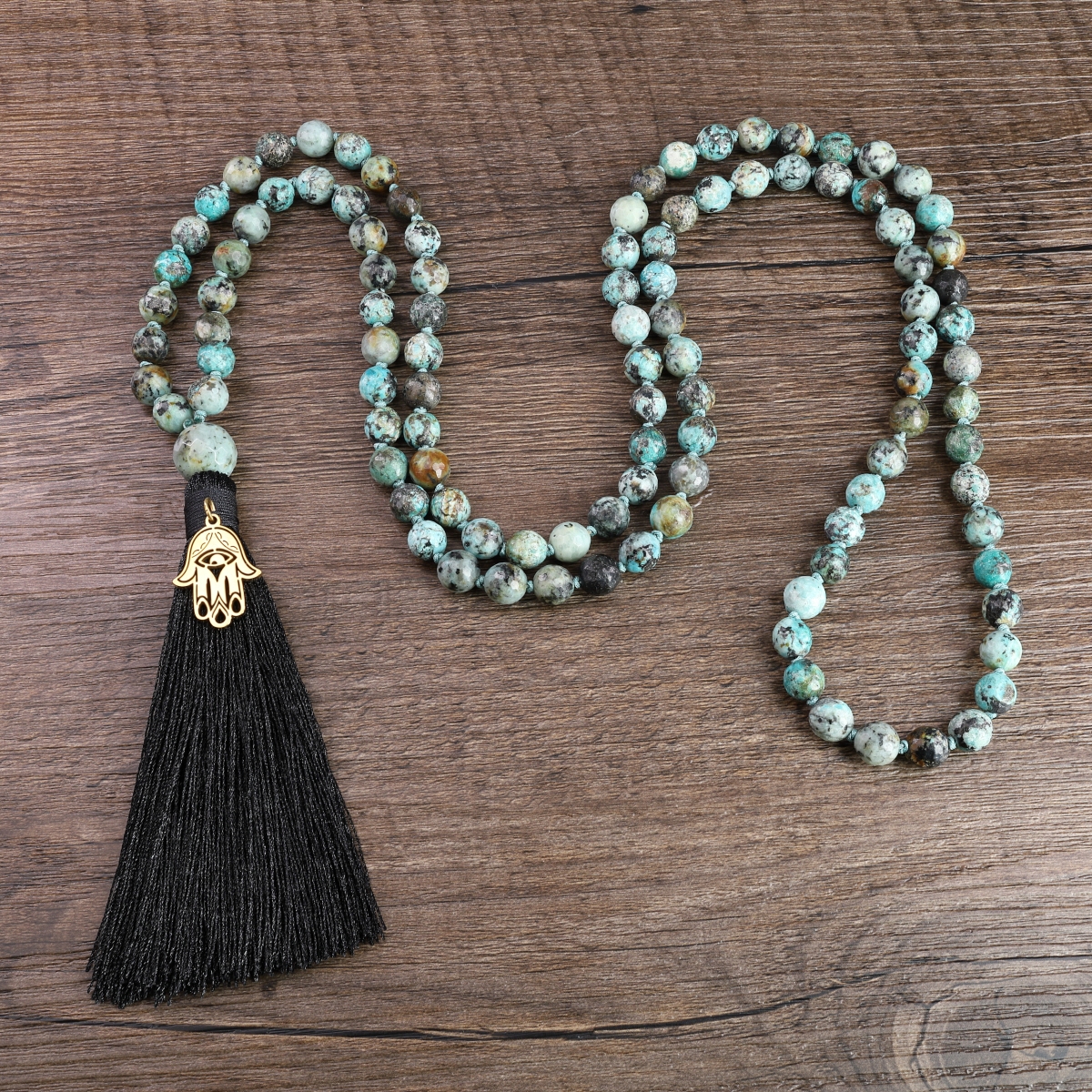 COAI Collana 108 Perle Mala In Turchese Africano Annodate A Mano Con 