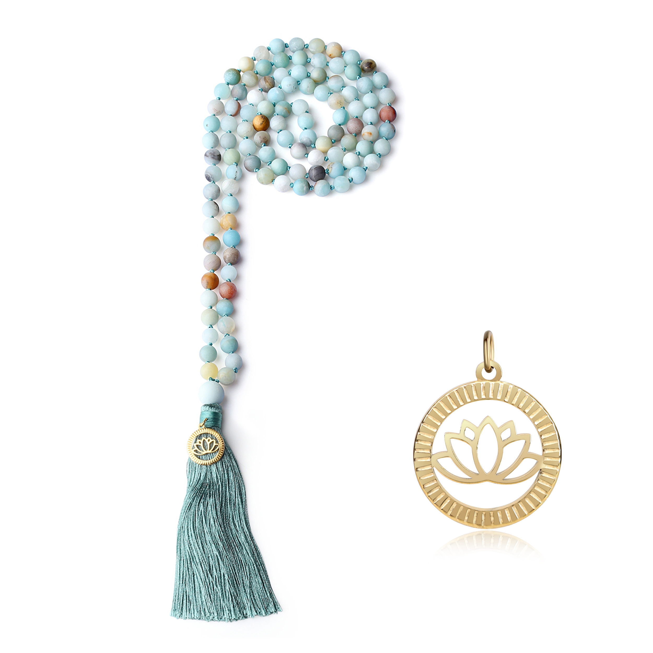 COAI-Collana-Mala-Buddista-108-Perle-di-Amazzonite-Opaca-Annodate-con-Nappa-e-Amuleto-Fiore-di-Loto