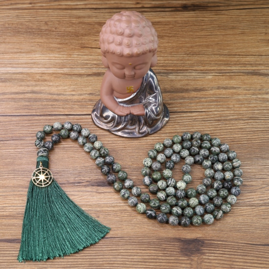 COAI Mala Tibetana 108 Perle In Amazzonite 8mm – Collana Unisex Per Meditazione, Annodata A Mano, Con Nappa In Seta, Lunghezza 80 Cm