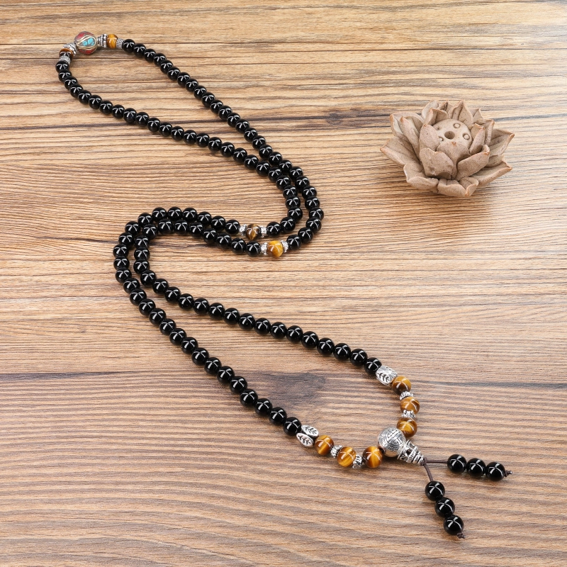 Bracciale Collana 108 Perle Mala In Onice E Occhio Di Tigre Con Testa Buddha, 6 Mm, Unisex, Regalo In Astuccio - 2