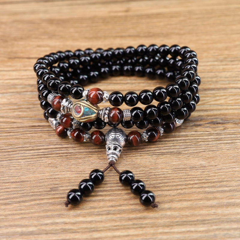 COAI Mala 108 Perle In Onice E Occhio Di Tigre, Bracciale E Collana Da Meditazione E Preghiera, Con Pietra Guru E Simbolo Shou