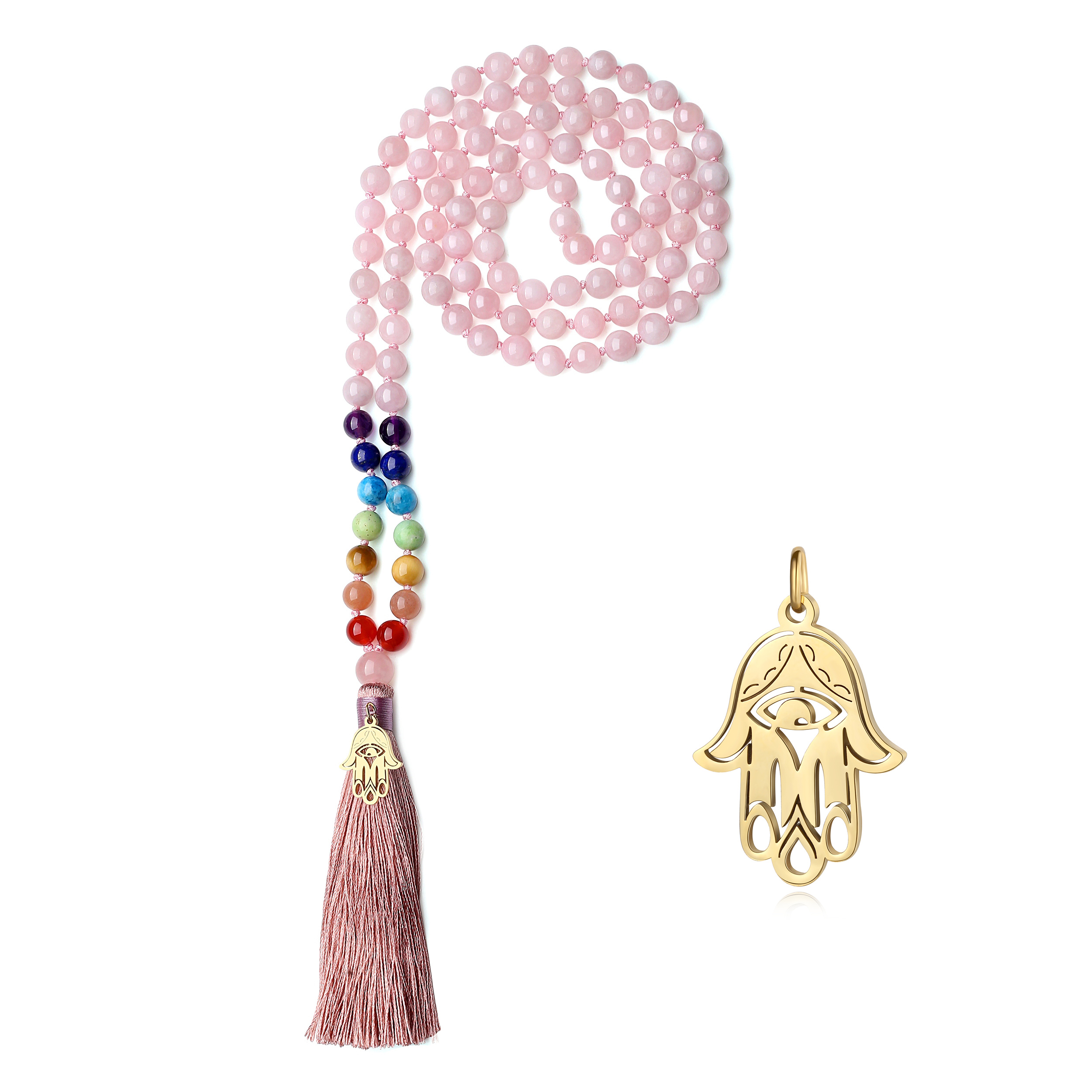 Mala Beads | Rose Quartz & Strawberry Quartz Mala Necklace | Mala Beads Necklace | Pink Cotton Tassel | 108 online Beads Mala