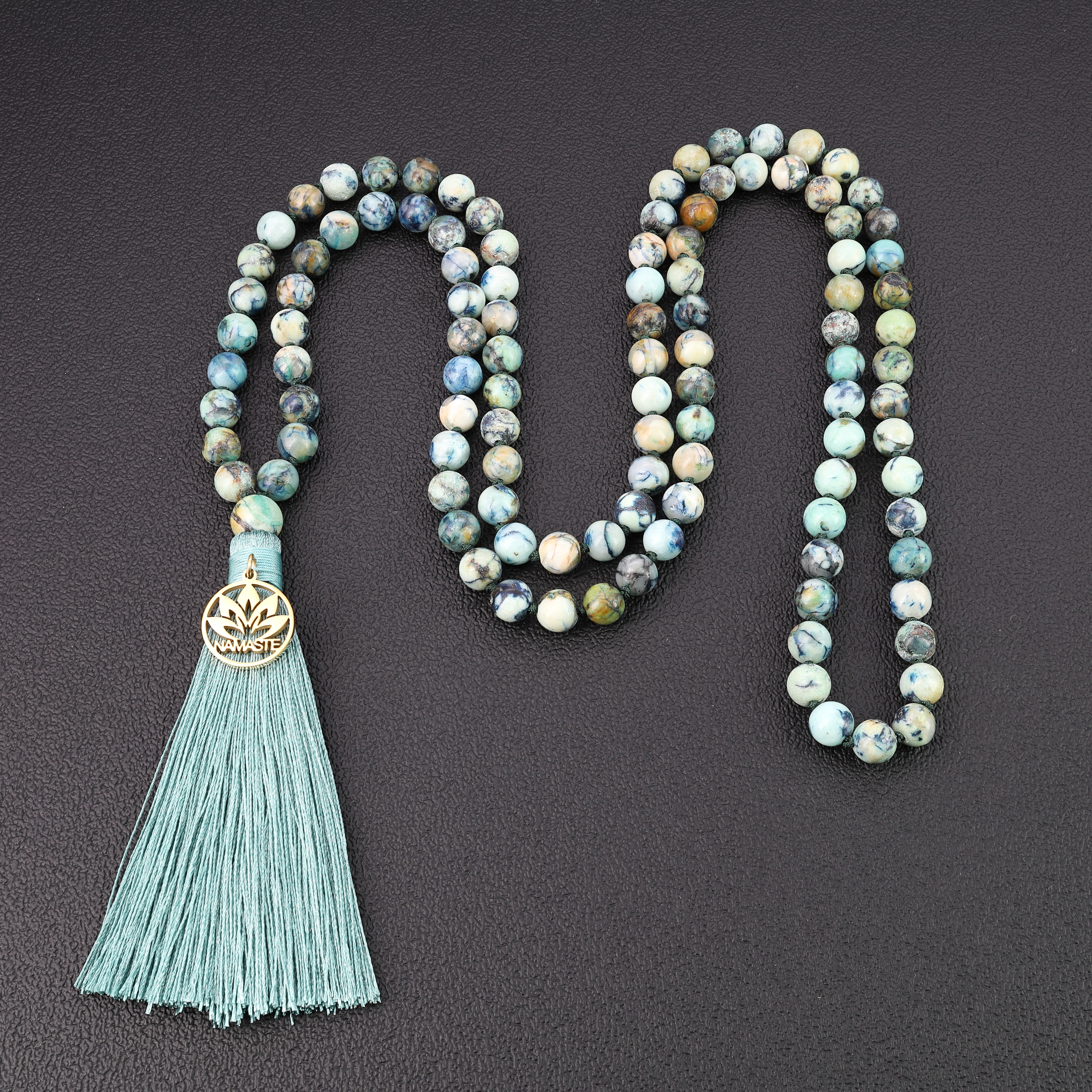 Ocean White Jade with blue & green hand-knotted 108 Mala Necklace