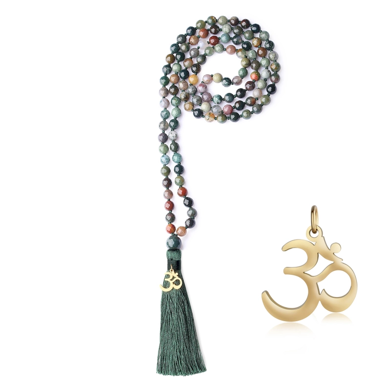 8mm India Agate Knotted Mala Beads Necklace Meditation Yoga Prayer