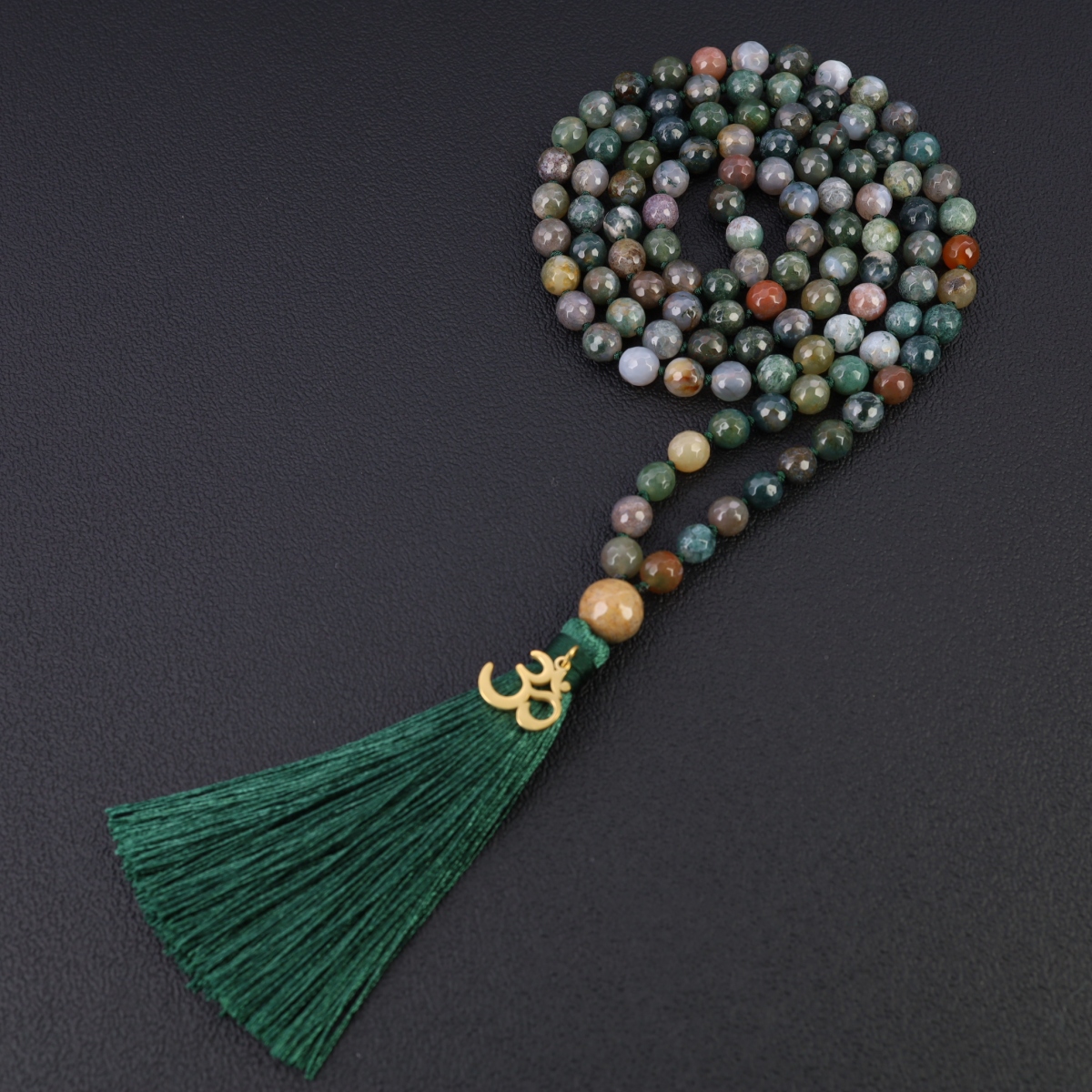 COAI Hand Knotted Tassel Faceted Indian Agate 108 Mala Beads Natural