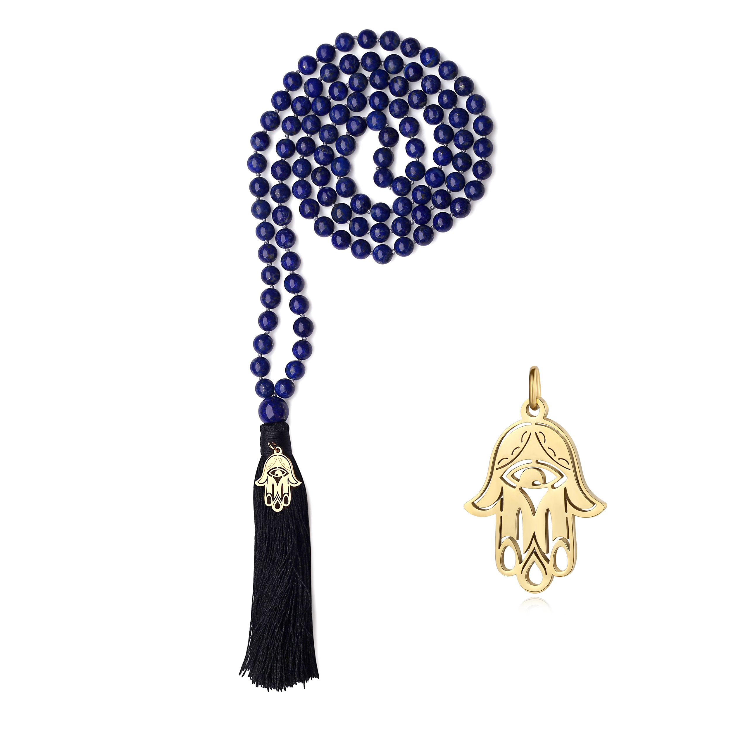 Lapislazuli 108 Mala Hamsa Hand Charm