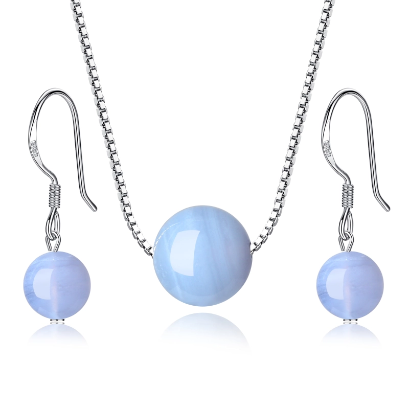 -Halskette-mit-Anhänger-und-EIN-Paar-Ohrhänger-aus-Chalcedon-Blau-für-Damen COAI-Schmuck-Sets-925-Sterling-Silber