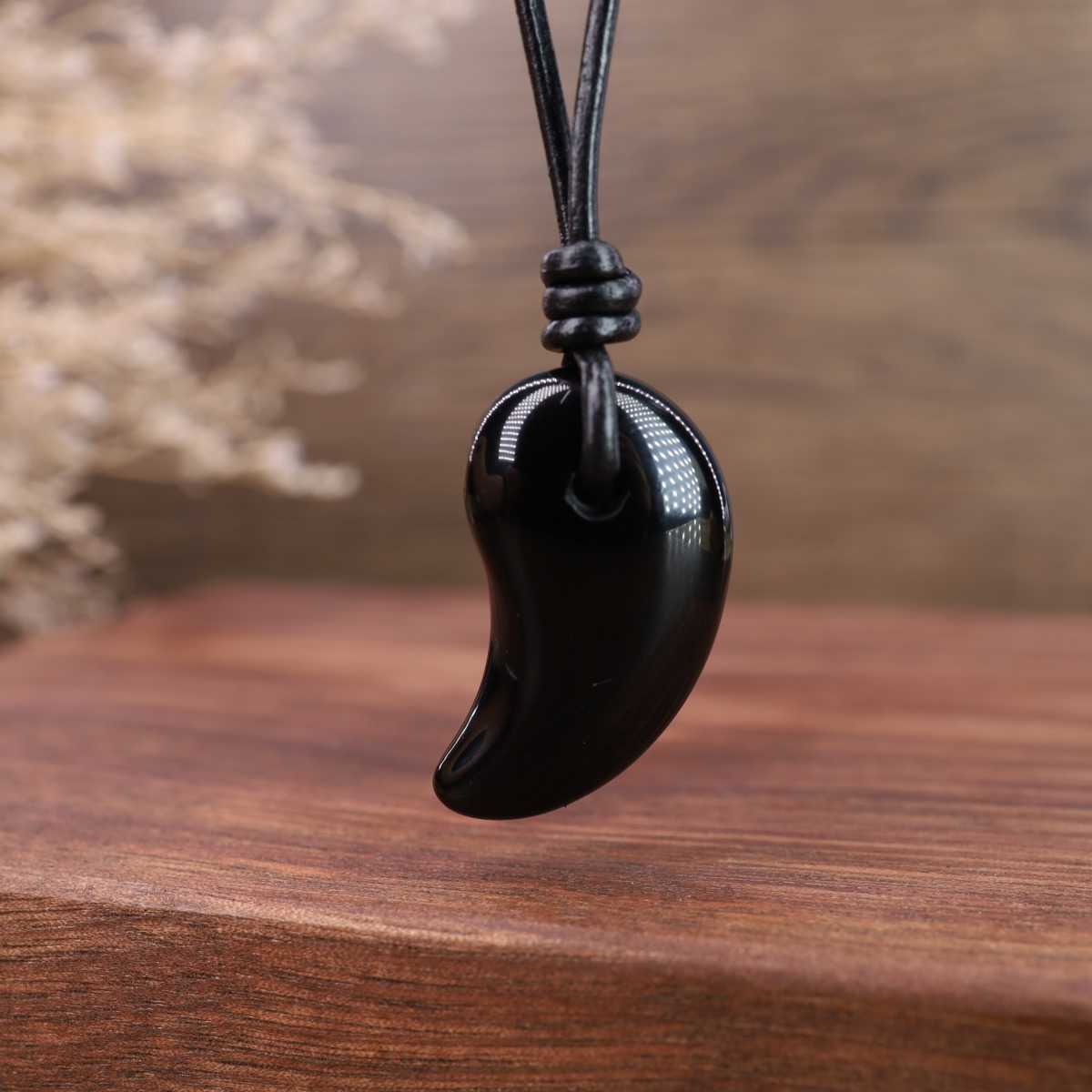 COAIJapaneseAmuletMagatamaObsidianHornPendantNecklace
