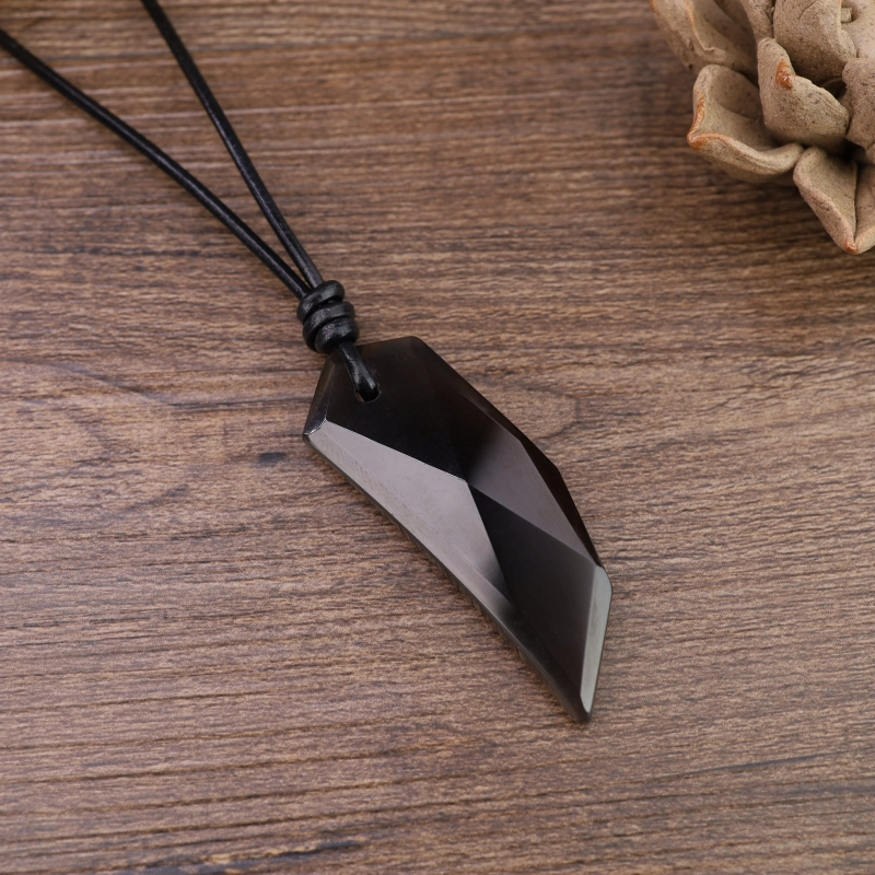 COAI Ice Obsidian Wolf Tooth Pendant Leather Cord Necklace