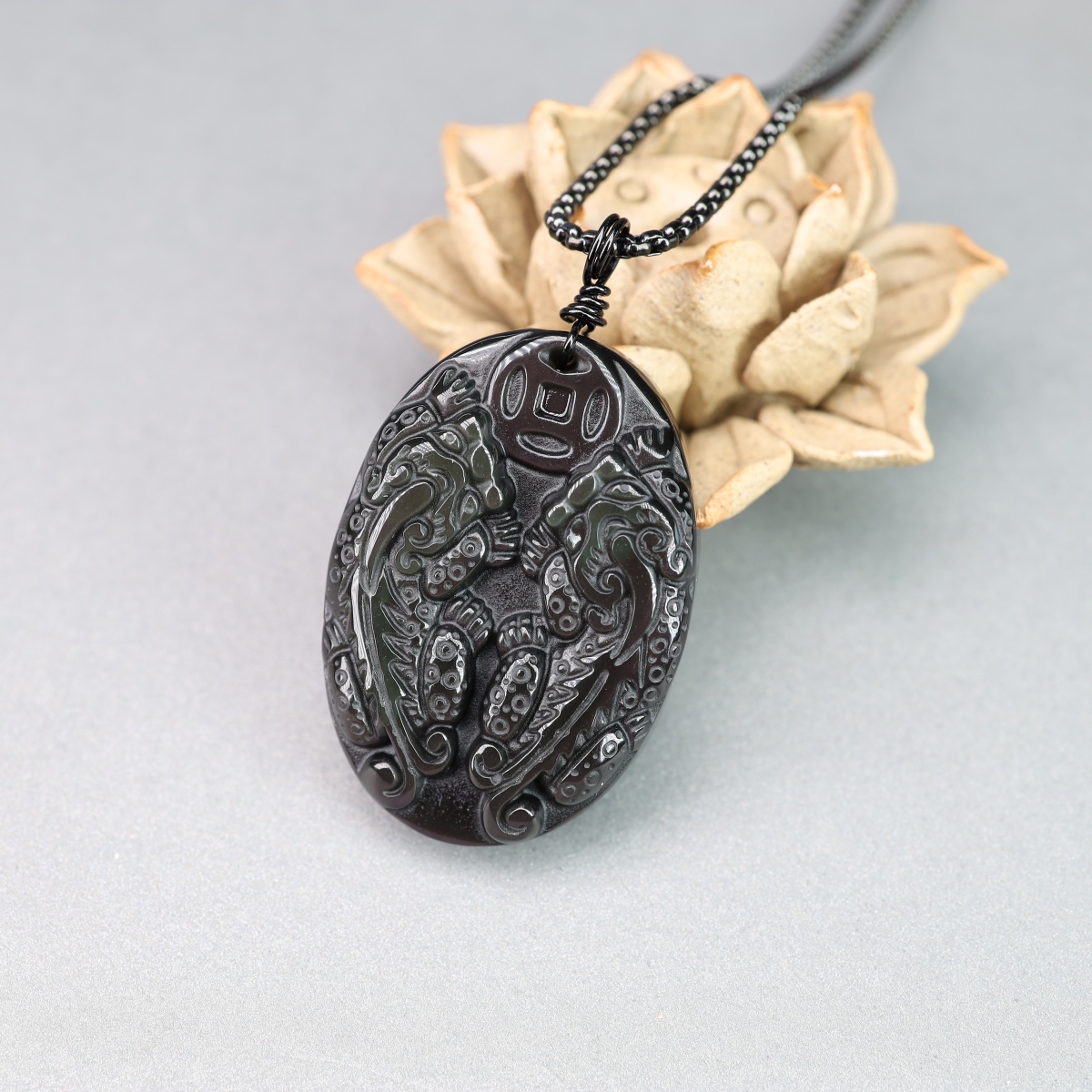 COAI Wealth Dragons Double Pixiu  Amulet Pendant Obsidian 