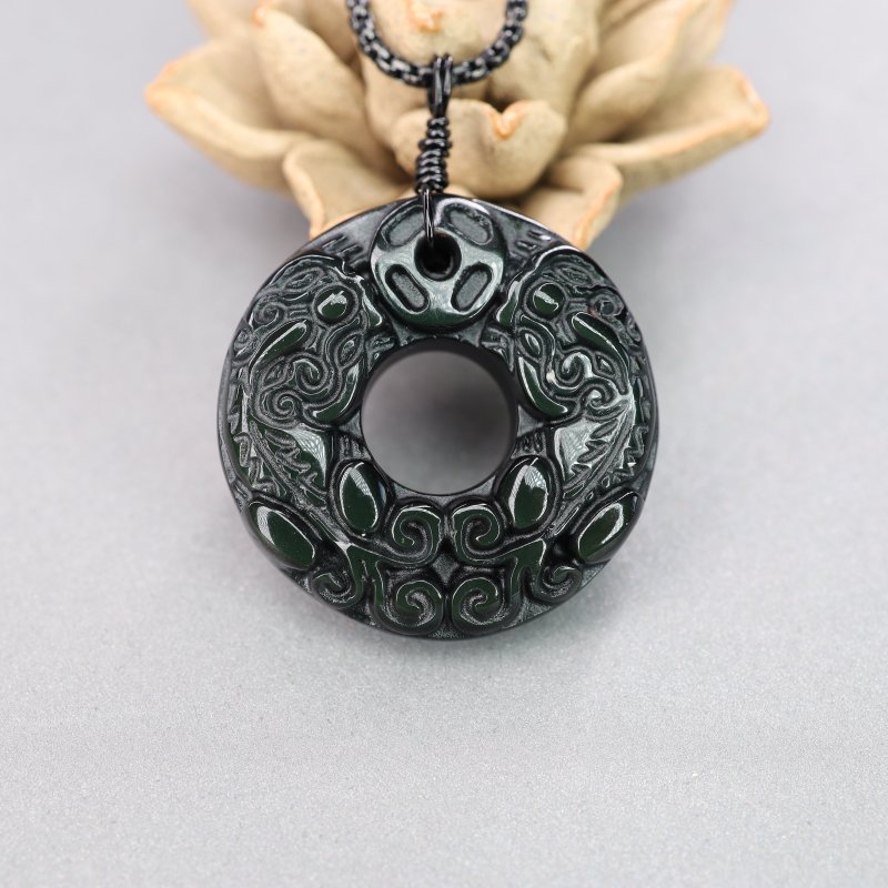 COAI Black Obsidian Round Pendant Pixiu Engraving Necklace