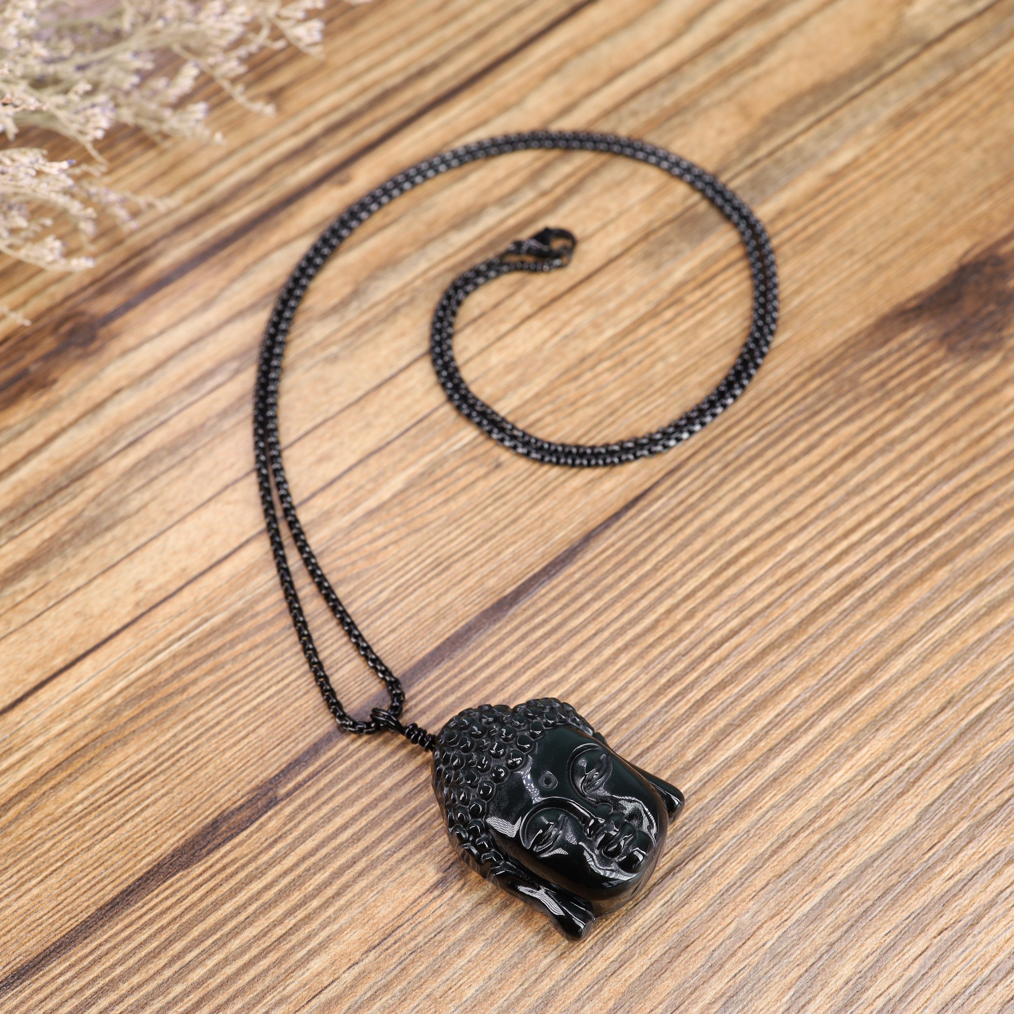 COAI OM Black Obsidian Stone Prayer Pendant Necklace 