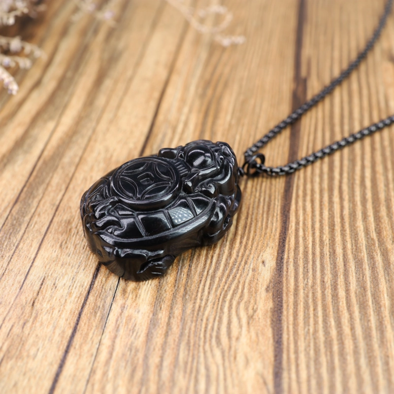COAI Black Obsidian Stone Amulet Turtle Pendant Necklace