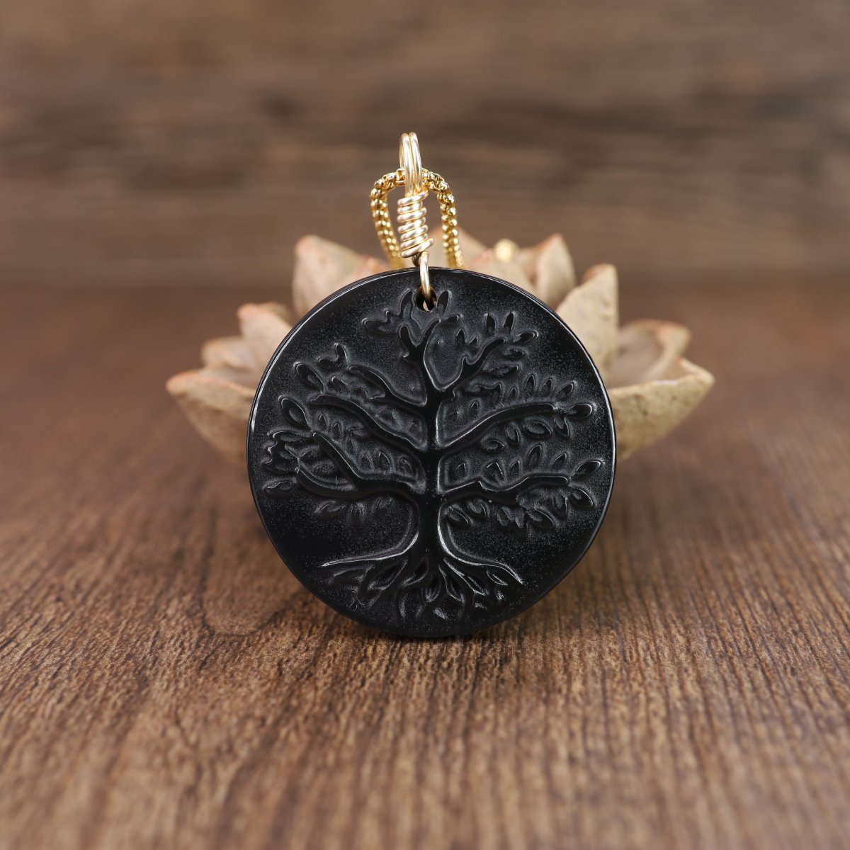 COAI Religious Jewelry Obsidian Stone Tree of Life Pendant Necklace for