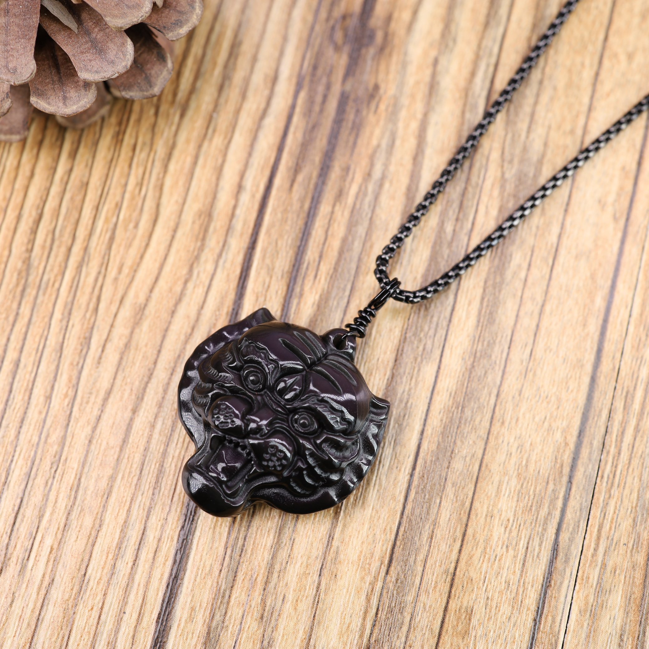 COAIGenuineStonesBlackObsidianTigerHeadGroundingPendant