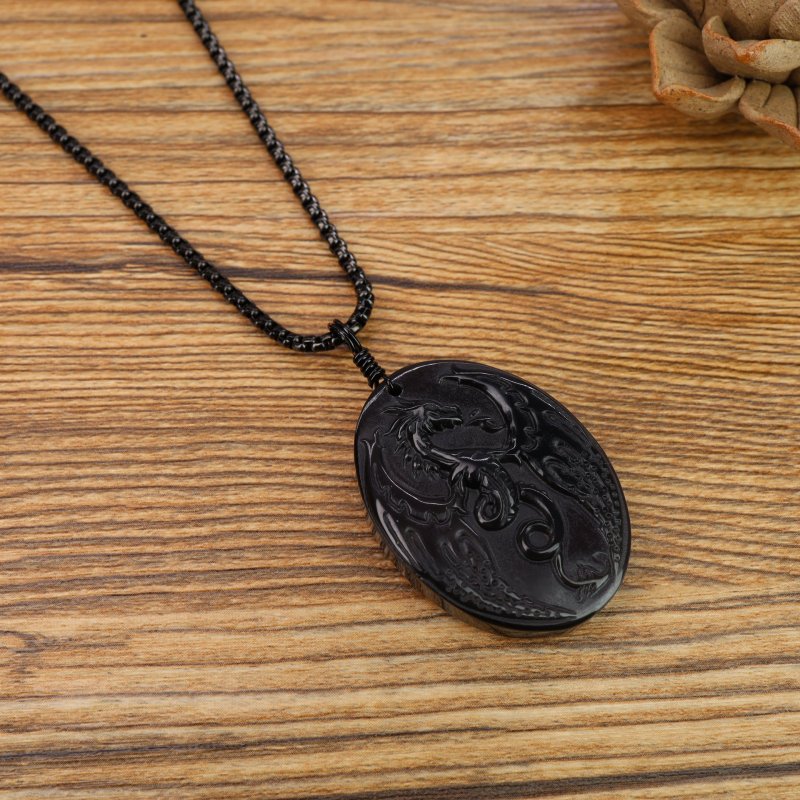 COAI Mens Black Obsidian Stone Dragon Amulet Pendant Necklace