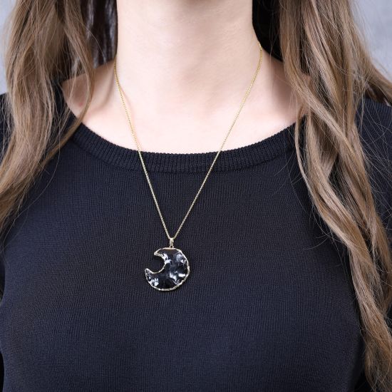 Raw Obsidian Stone Moon Pendant Necklace
