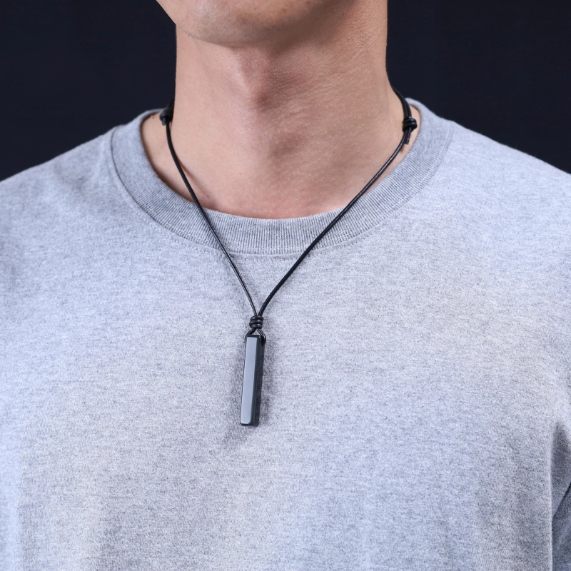 Black Obsidian Bar Pendant Leather Necklace