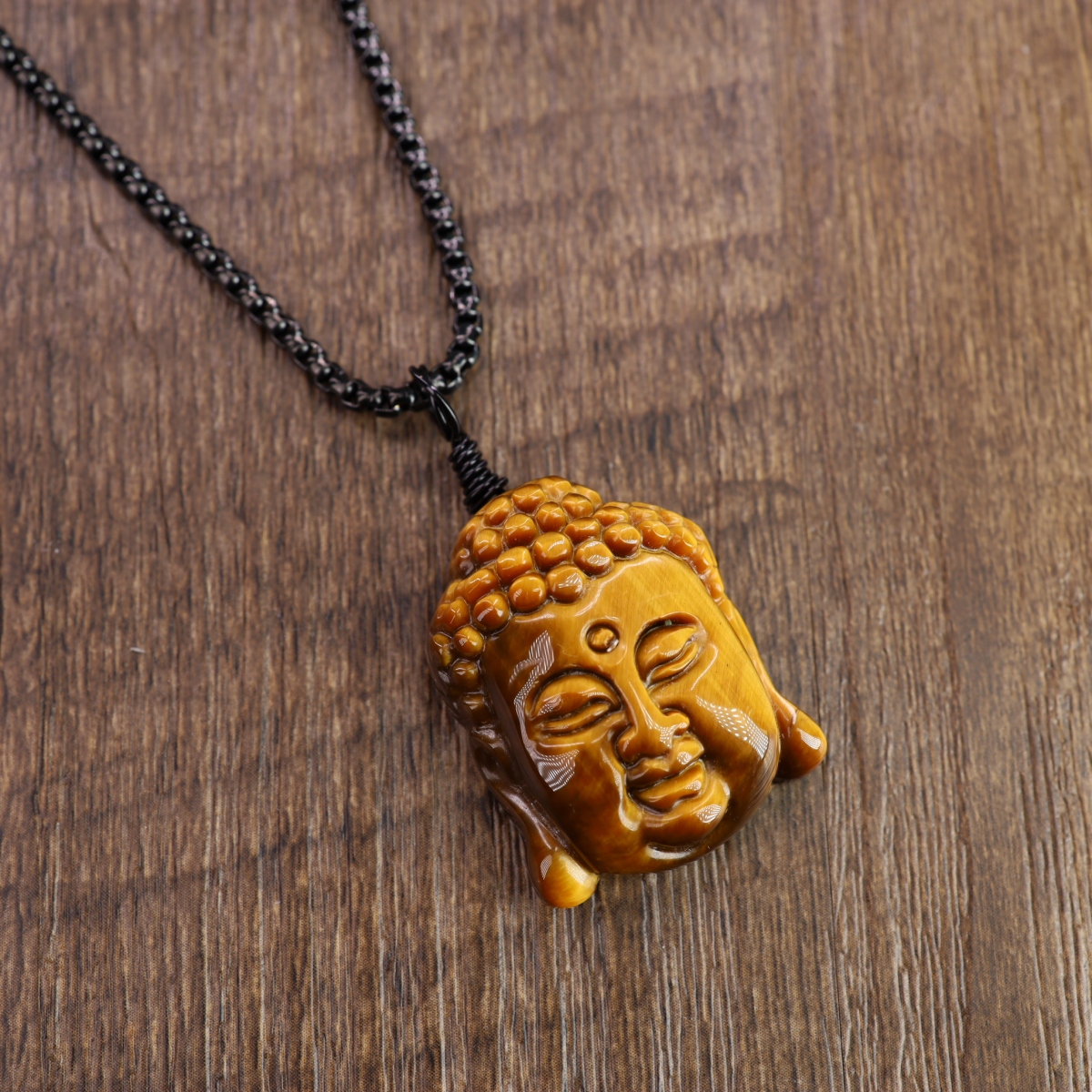 COAI Tiger Eye Gems Buddha Head Prayer Stone Pendant Necklace for Men