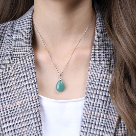Pendentif En Aventurine Verte Naturelle Et Argent 925 - Fait Main - Longueur 2.5 Pouces