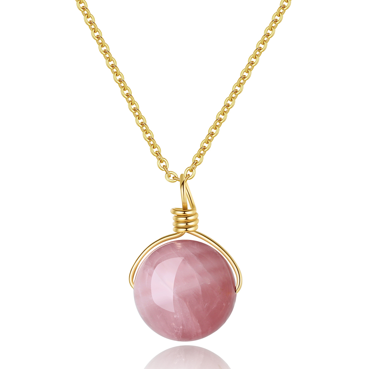 COAI 16mm Crystal Rose Quartz Round Bead Pendant Necklace for Women Girls