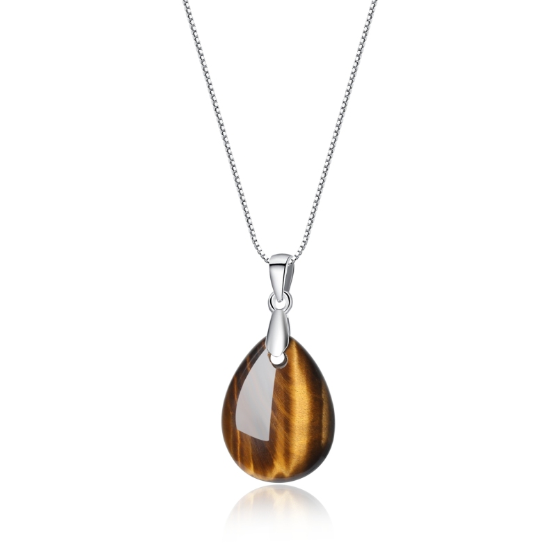 Coai 925 Sterling Silver Teardrop Tiger Eye Stone Pendant Necklace Teardrop Tiger Eye Stone Pendant Necklace