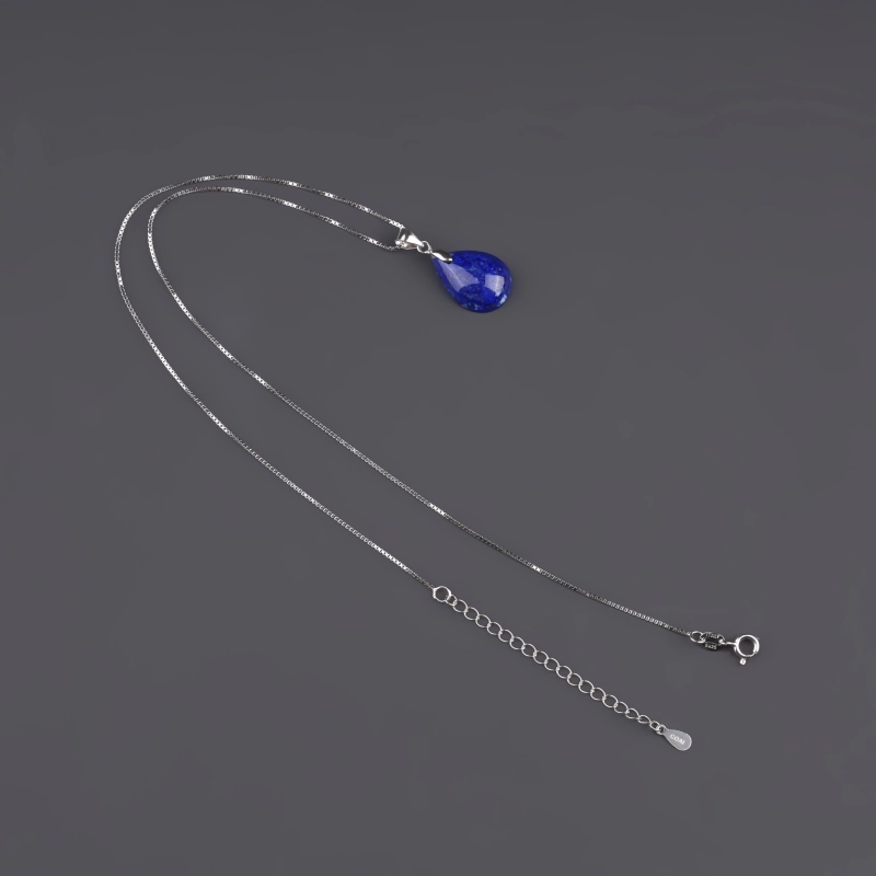 Collier Femme En Lapis-Lazuli Naturel - Perles Sphériques 12mm, Chaîne Argent 49cm, Neuf