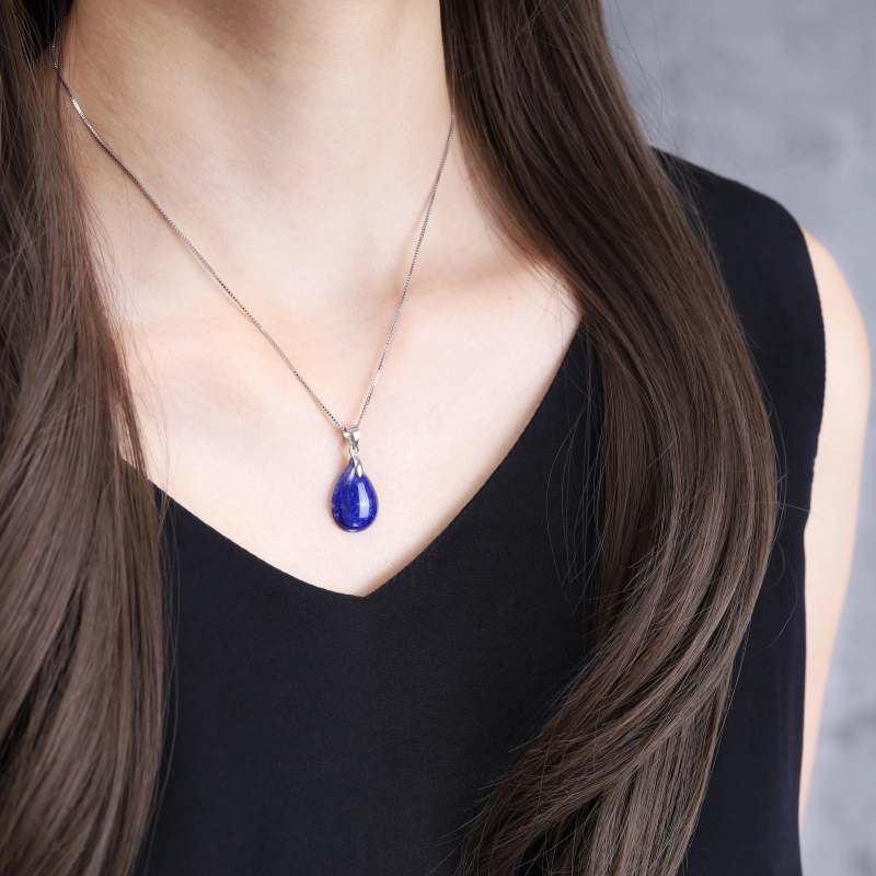 Collier Femme En Lapis-Lazuli Naturel - Perles 12 Mm - Monture Argent - Longueur 49 Cm
